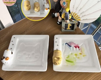 Custom Cute Ceramic Cute Cat Watercolor Palette Kit Set, Animals Ceramic Artists Palette,Gift for Painters,White Clay Palette,Ceramic Palett
