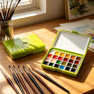 May include: A lime green watercolour paint set with an open lid showing a variety of colourful paints. Several paint brushes are arranged on a wooden surface. The closed lid has the word "Kate" on it.