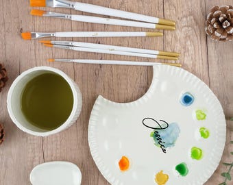 Personalised Ceramic Watercolor Palette Kit, Ceramic Artists Palette, Ceramic Palette,Paintbrush Cup,Brush, Gifts for Painters