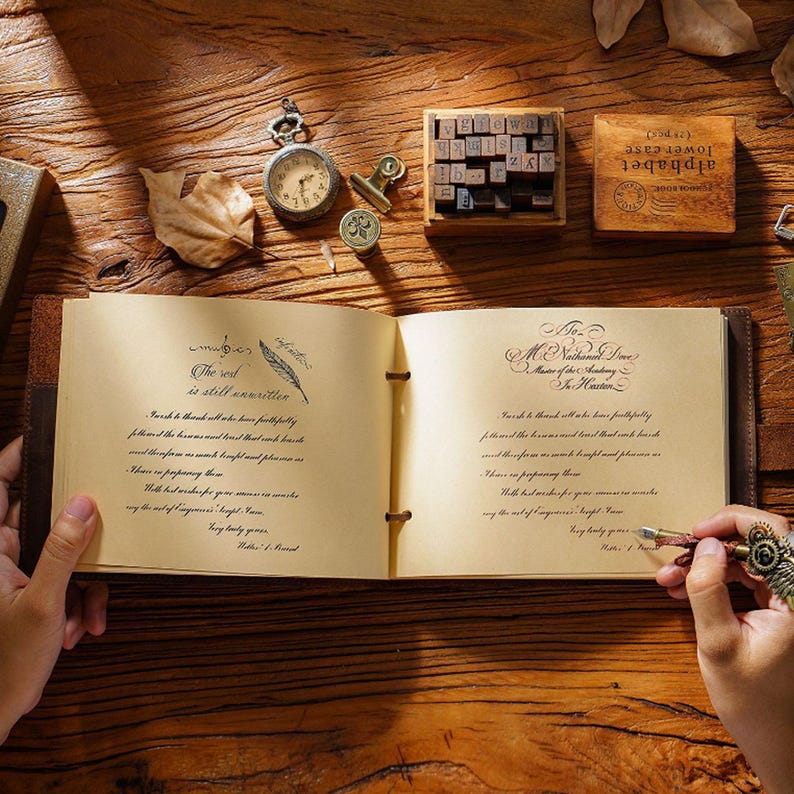 May include: An open vintage leather-bound journal with blank pages. The pages are filled with handwritten text in a cursive script. The text reads "The sed is still unwritten" and "To Mr. Nathaniel Jones, Master of the Academy, In Houston".