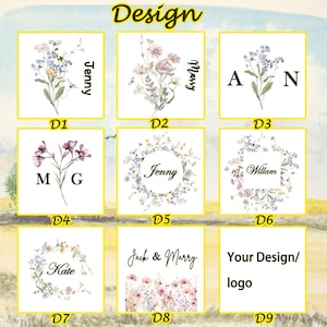 May include: A collection of floral design options, each within a yellow-bordered square. Designs include floral arrangements with names like "Jenny," "Mary," and "William," initials, and the text "Your Design/logo."