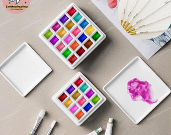 Custom Ceramic Watercolor Paint Palette Set, Travel Porcelain Palette, White Clay Palette, Artists Palette, Handmade Palette,Paint Brush Set