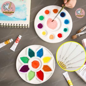 May include: Two white ceramic paint palettes with different well configurations. One palette has 12 round wells and the other has 8 flower-shaped wells. Both palettes are filled with colorful paint.