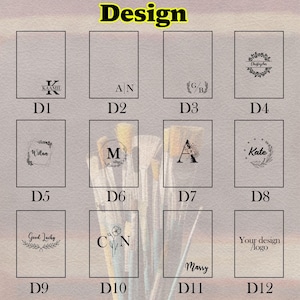 May include: Twelve different design options for a personalized wooden sign. Each design features a different combination of text, initials, and graphics. The designs include a wreath, a floral design, and a simple graphic of a letter.