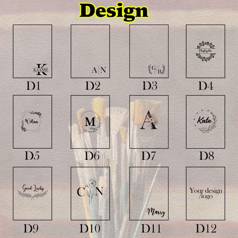 May include: Twelve different design options for a personalized wooden sign. Each design features a different combination of text, initials, and graphics. The designs include a wreath, a floral design, and a simple graphic of a letter.
