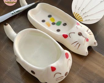 Custom Cute Cat Ceramic Paint Palette Set,Watercolor Palette Set,Ceramic Paintbrush Cup,Brush Holder,Water Cup, Paint Palette,PaintBrush Set