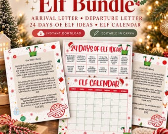 Paquete editable de elfos, carta de llegada y despedida, ideas para 24 días de elfos en el estante, imprimible de elfo navideño, plantilla de Canva