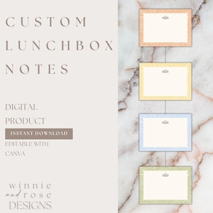 May include: Digital product featuring custom lunchbox notes. The image shows four rectangular notes with decorative borders in orange, yellow, blue, and green. The notes are connected by lines. Text on the left side reads "CUSTOM LUNCHBOX NOTES" and "DIGITAL PRODUCT".