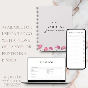 以下が含まれることがあります： 「MY GARDEN journal」の文字とピンクの花柄がアクセントになった、白いスパイラル綴じのガーデンジャーナル。スマートフォンとノートパソコンには、ガーデニングのログが表示されています。「AVAILABLE FOR USE ON THE GO」の文字も表示されています。