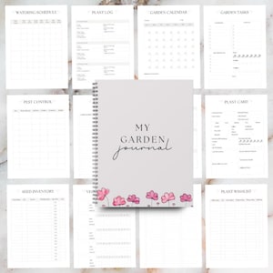 以下が含まれることがあります： ライトグレーの表紙に「MY GARDEN journal」の手書きフォントとピンクの花柄が特徴的な、スパイラル綴じのガーデンジャーナル。水やりスケジュール、植物ログ、ガーデンタスクなどのページが含まれています。