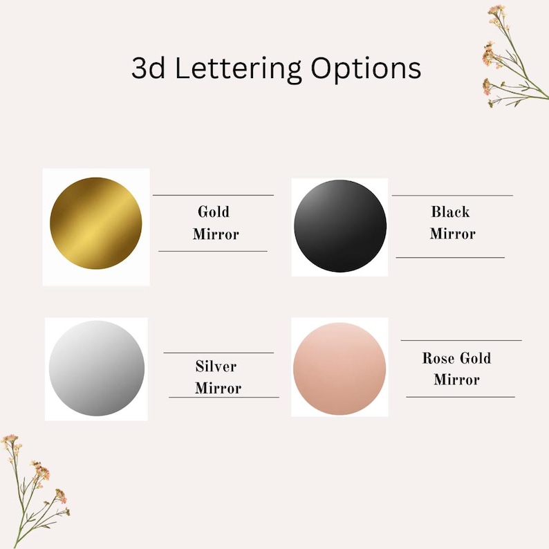 Puede incluir: Se muestran cuatro opciones diferentes de letras en 3D: espejo dorado, espejo negro, espejo plateado y espejo oro rosa. Cada opci&oacute;n est&aacute; representada por un c&iacute;rculo del color correspondiente.