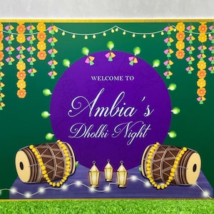 May include: A purple and green welcome sign with gold trim. The sign says "Welcome to Ambia's Dholki Night". There are two brown drums with yellow beads and white lights on the sign.