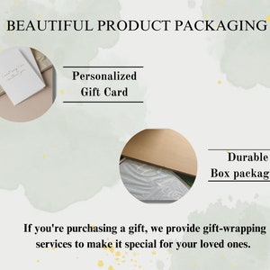 Puede incluir: Un primer plano de una imagen de embalaje de producto con el texto "BEAUTIFUL PRODUCT PACKAGING" en la parte superior. La imagen muestra una tarjeta de regalo personalizada y un embalaje de caja duradero. El texto "Si est&aacute; comprando un regalo, ofrecemos servicios de envoltura de regalos para hacerlo especial para sus seres queridos." est&aacute; en la parte inferior de la imagen.