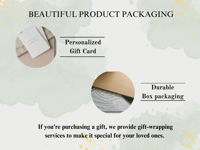 Puede incluir: Un primer plano de una imagen de embalaje de producto con el texto "BEAUTIFUL PRODUCT PACKAGING" en la parte superior. La imagen muestra una tarjeta de regalo personalizada y un embalaje de caja duradero. El texto "Si est&aacute; comprando un regalo, ofrecemos servicios de envoltura de regalos para hacerlo especial para sus seres queridos." est&aacute; en la parte inferior de la imagen.