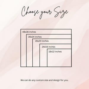 May include: A graphic showing different sizes of prints available for purchase. The sizes are listed in inches: 48x36, 36x24, 28x20, 24x16, and 18x12. The text "We can do any custom size and design for you." is below the graphic.