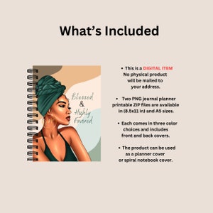 The image highlights what's included in the listing. Two PNG ZIP files are available in 8.5x11 inches and a5 sizes. The planner cover has different color choices, green, purple and brown. Can be used as a planner or spiral notebook cover.
