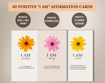 60 positive Affirmationskarten zum Selbstdrucken, tägliche I AM Affirmationen für Selbstwertgefühl & Inspiration, Ermutigungskarten, 11x14, kostenlose Wanddrucke