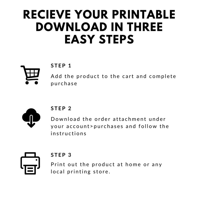 The image explains how to receive the product. Get your printable download in three simple steps! One, add the product to the cart and complete the purchase. Two, download the order and follow the instructions. Three, print and enjoy your printable!