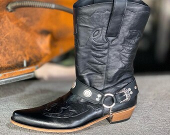 Black Cowboy Boots Buckle Mid-Calf Genuine Leather Soles Male Vintage Riding Boots Handcraft