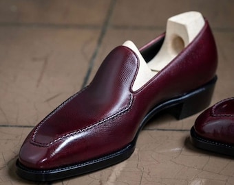 Burgundy Calfskin Leather Stitched Vardola Model Interior and Exterior Parts Complete Leather 100% Handcrafted French Forged Leather Sole.