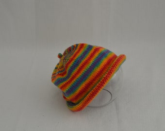 Multi-color hand-knit wool baby hat, 6-18 months