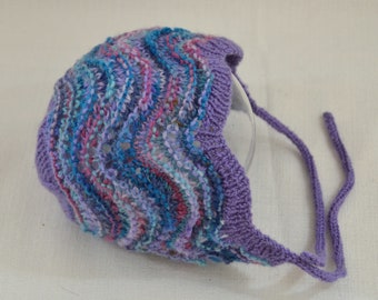 Hand-knit baby bonnet, machine washable wool, 3-6 months