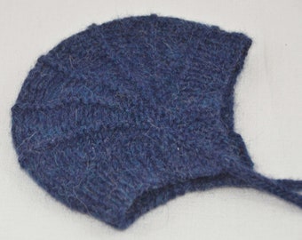 Hand knit baby hat, aviator style navy, 3-6 months