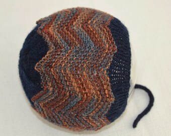 Hand-knit, hand-dyed baby hat, blues and tans, 3-6 months