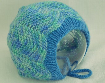 Hand-knit, hand-dyed merino wool baby hat, blue green, 3-6 months
