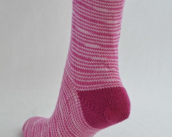 Hand-knit, handdyed women's wool socks in Barbie pink, size 7-9