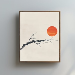 Japanese Sumi-e Sun & Branch Print: Minimal Japandi Wall Art