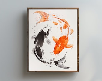 Japanese Koi Fish Art Print: Sumi-e Style, Minimalist, Zen