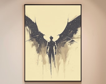 May include: A framed art print featuring a silhouette of a figure with large, dark wings. The artwork is rendered in shades of gray and black against a light yellow background. The figure is standing, with the wings spread wide, creating a dramatic and imposing image.