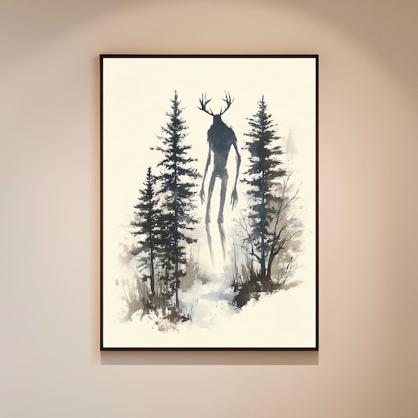 Wydruk artystyczny Wendigo: Starożytny głód, plakat kryptydy w stylu Sumi-e