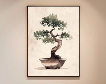 Japanese Bonsai Tree Print: Ukiyo-e Botanical Art, Japandi Style