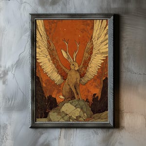 When Jackalope Fly | Cryptid Art | Fantasy Art | Premium Matte Wall Art Poster Print | Japandi | Minimalist | Creature Art