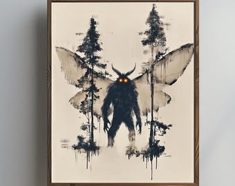 May include: Framed art print featuring a dark silhouette of a moth-like creature with glowing orange eyes, standing between two stylized trees. The artwork has a textured, painterly style with a neutral background and a wooden frame.