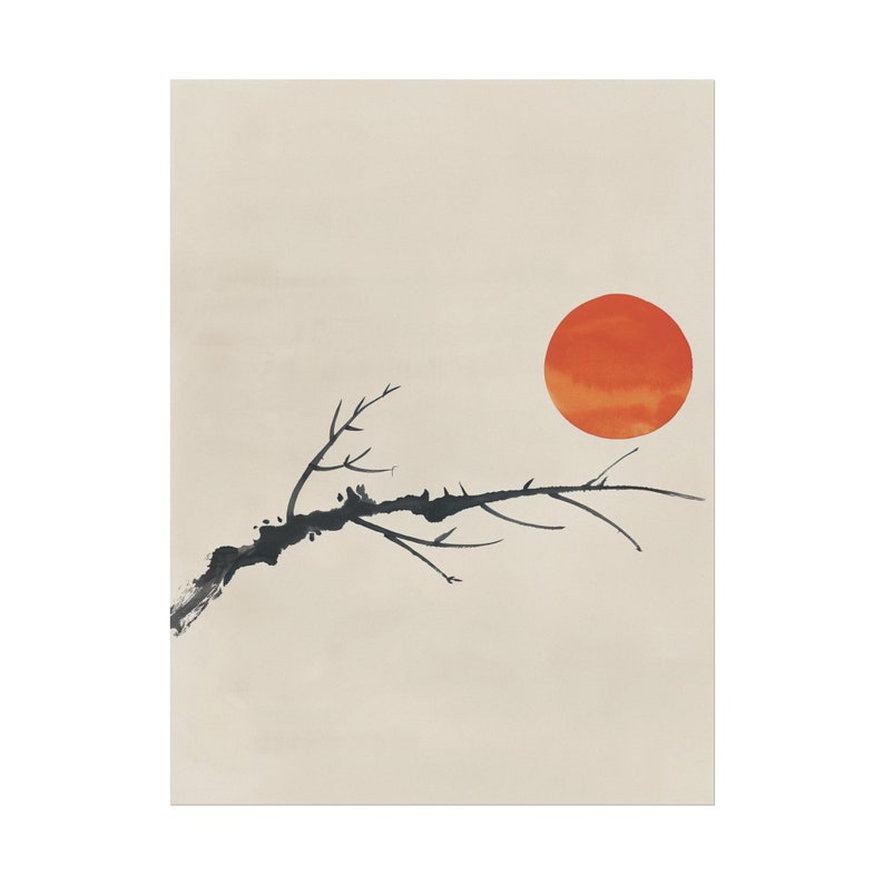 Japanese Sumi-e Sun & Branch Print: Minimal Japandi Wall Art image 7