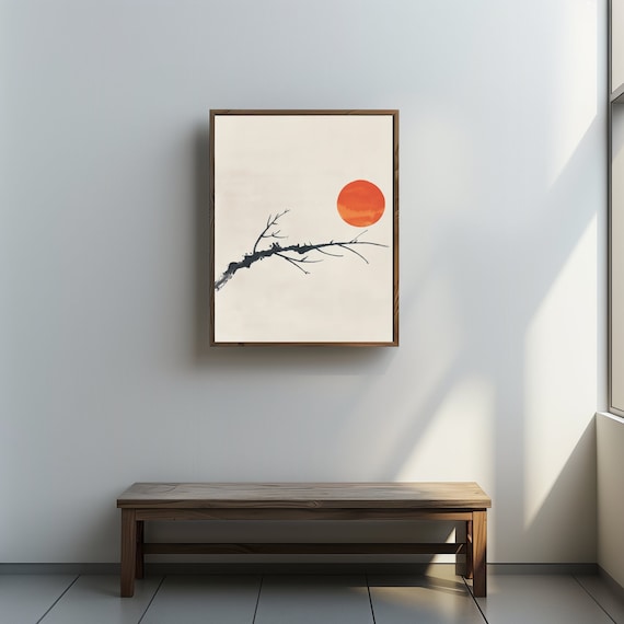 Japanese Sumi-e Sun & Branch Print: Minimal Japandi Wall Art