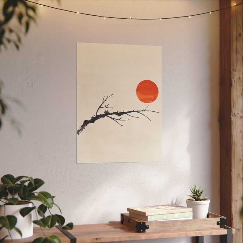 Japanese Sumi-e Sun & Branch Print: Minimal Japandi Wall Art image 6