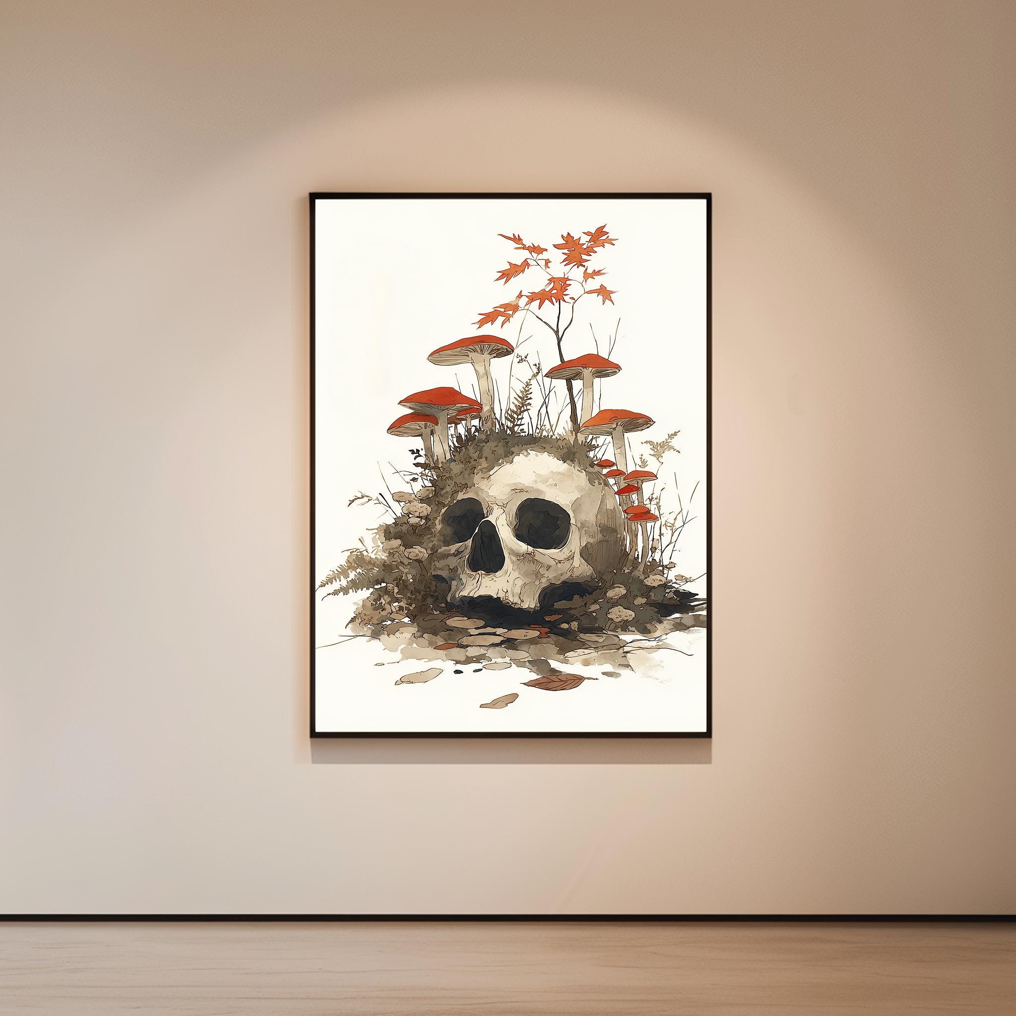 Mushroom Skull Art Print: Gothic, Nature Reclaiming, Japandi