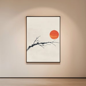 May include: A minimalist black and white painting of a tree branch with a large orange sun in the background.