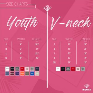 May include: A pink size chart for youth and V-neck t-shirts. The youth sizes range from S to XL, with widths from 40.6 to 48.3 cm and lengths from 52.1 to 63.5 cm. V-neck sizes range from S to XXL, with widths from 45.7 to 66 cm and lengths from 71.1 to 81.3 cm.