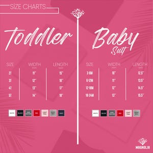 May include: A pink size chart for toddler and baby suits. The chart includes sizes, widths in inches, and lengths in inches. Colour options are listed at the bottom. The Magnolia logo is at the bottom right.