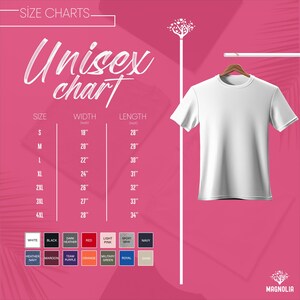 May include: Unisex t-shirt size chart with measurements in inches. The chart shows the width and length of the shirt in sizes S, M, L, XL, 2XL, 3XL, and 4XL. The chart also includes a color chart with various colors for the t-shirt.