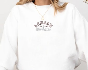 Embroidered London Est 47 Sweatshirt, London Sweater, London Skyline Crewneck, England Sweatshirt, London Sweatshirt Gift, London Souvenir