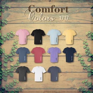 May include: A collection of short-sleeved t-shirts in various colors, including pink, black, blue, red, purple, and yellow. Each shirt has a different color name printed vertically on the side. The text "Comfort Colors 1717" is at the top.