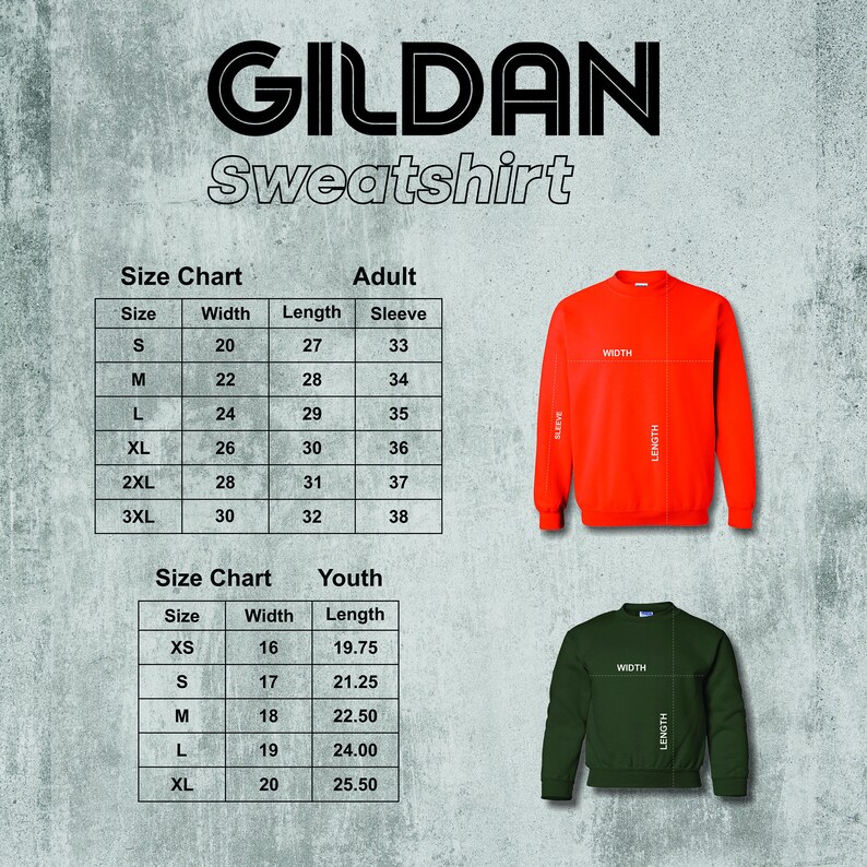 Op de afbeelding: Maattabel voor Gildan sweatshirts, met afmetingen voor volwassenen en jeugd. De tabel geeft breedte, lengte en mouwmaten in centimeters. Er worden twee sweatshirts getoond: een oranje en een donkergroene.