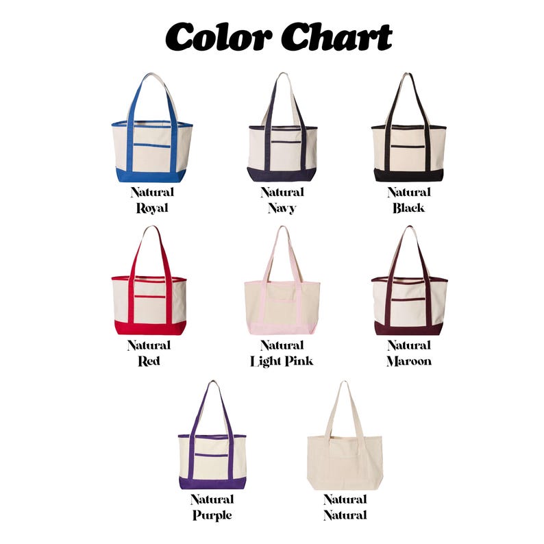 May include: Color chart showing 10 different tote bags with natural canvas fabric and colored trim. The colors are royal blue, navy blue, black, red, light pink, maroon, purple, and natural.