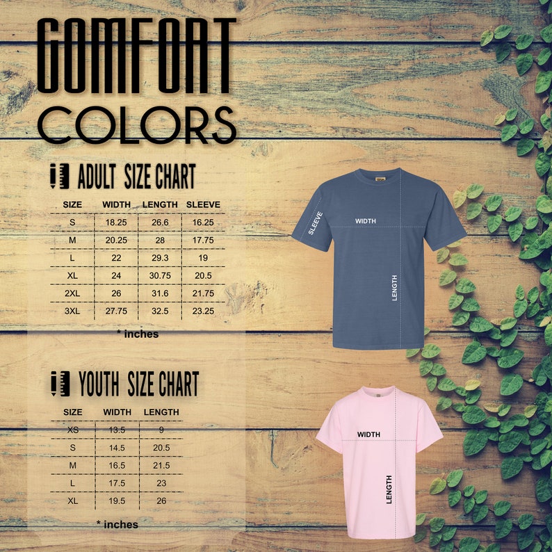 Op de afbeelding: Maattabel voor t-shirts voor volwassenen en kinderen, met afmetingen in inches voor breedte, lengte en mouw. Twee t-shirts, een blauwe en een roze, worden getoond met afmetingen. De tekst "COMFORT COLORS" staat bovenaan.